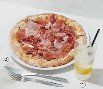 ①八丈島レモンサワー②サラミ・クラフトマン