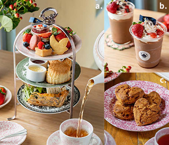 a.　KIKI's Afternoon Tea Set 『いちご泥棒』／b.　ストロベリー・ショコラフラペティー／c.　スウィートハート・スコーン