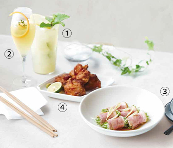 ①日向夏ミントスカッシュ②エルダーフラワー香る紅甘夏のミモザ③鴨ロースの水菜巻き 柚子あんかけ④大山鶏の塩?唐揚げ