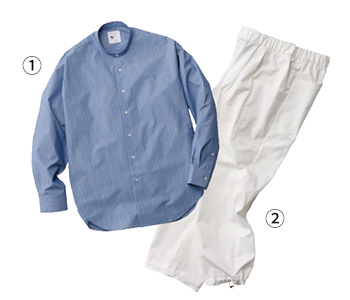 ①LONG SLEEVE SMART BROAD BIG SHIRT　②SIDE POCKET WIDE PANTS