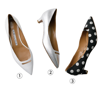 ①WHITE 1cmフラットシューズ ②SILVER 3.5cmヒールパンプス ③DOT 3.5cmヒールパンプス