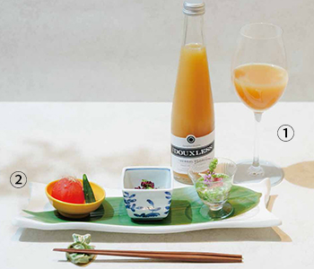 ①DOUXLES HERBAL PEACH「ハーバルピーチ」②初夏のおまかせ前菜3種