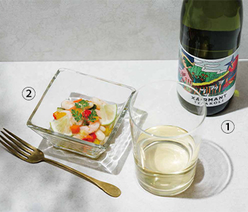 ①チャコリ・チャルマン②小海老と白いんげんのセビーチェ