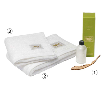 ①TENERITA DIFFUSER ②超甘撚り バスタオルショート　③超甘撚り フェイスタオル