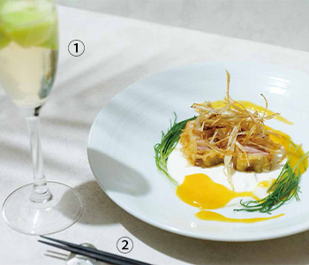 ①メロンスパークリング②ホエー豚バラ天 ヨーグルト＆マンゴーソース