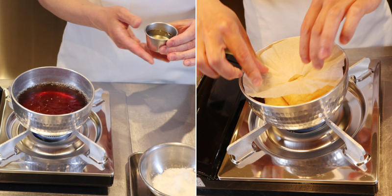 Bを鍋に入れ、半分に切って湯通しした油揚げを加える。味が染みるよう、落し蓋をして煮る。